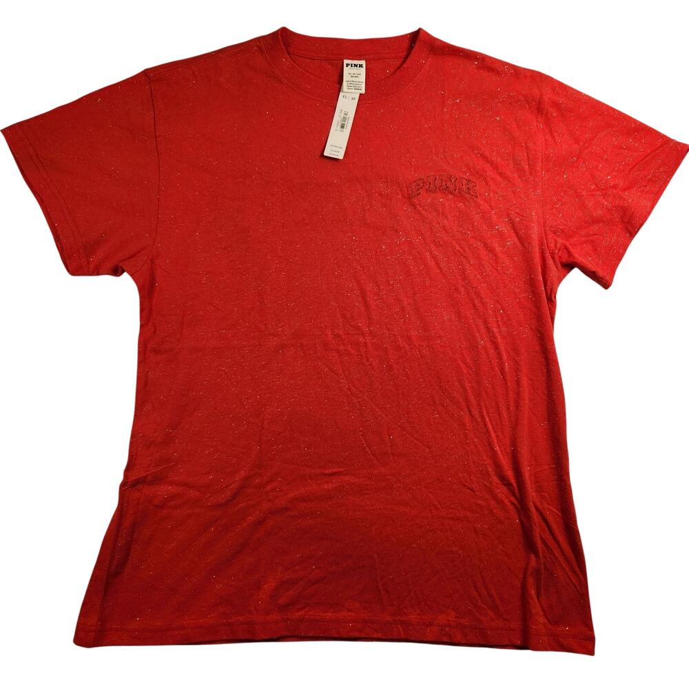 Victoria's Secret PINK Campus Cotton Tee Oversized Shirt - Red Shine Sparkle XS